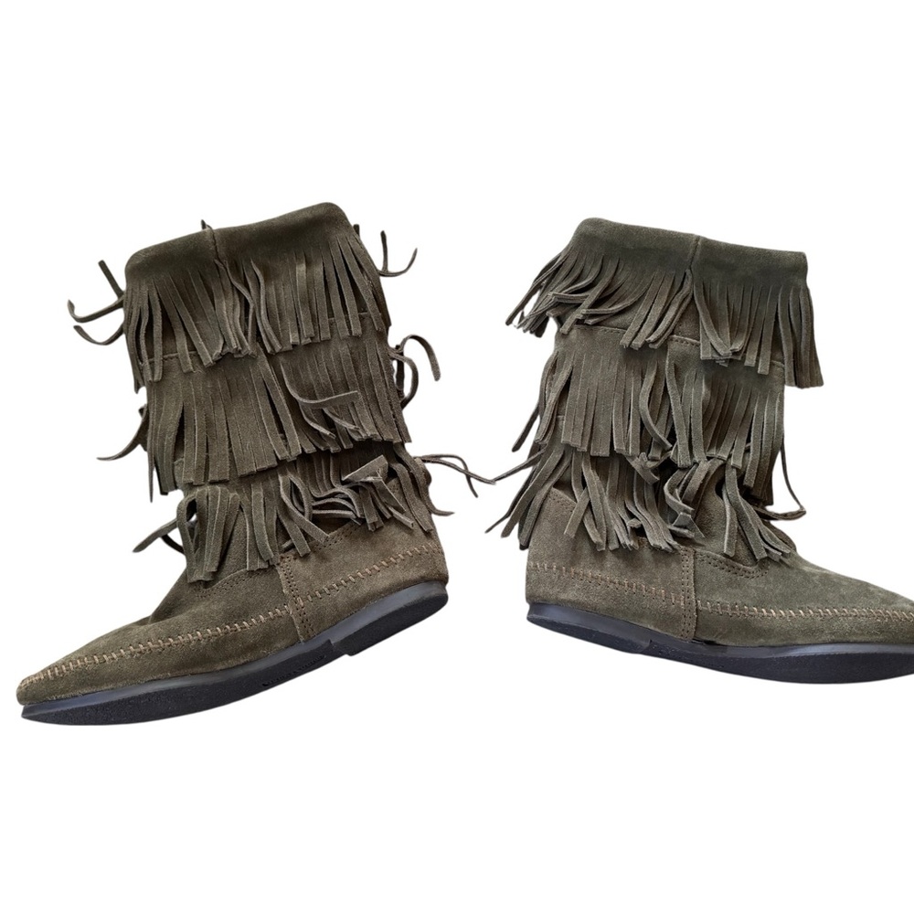 Minnetonka 3 Layer Fringe Boot Womens Size 10 Boots Olive Green 1635F Booties - Picture 2 of 6